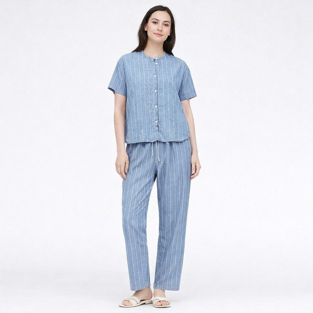 Striped Two-Piece Button Front Top and Pants Set - Light Blue & White